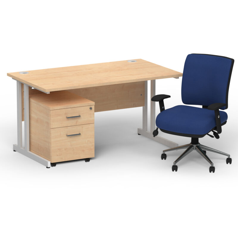 Impulse 1400mm Cantilever Straight Desk With Mobile Pedestal and Chiro Medium Back Blue Operator Chair - Image 3
