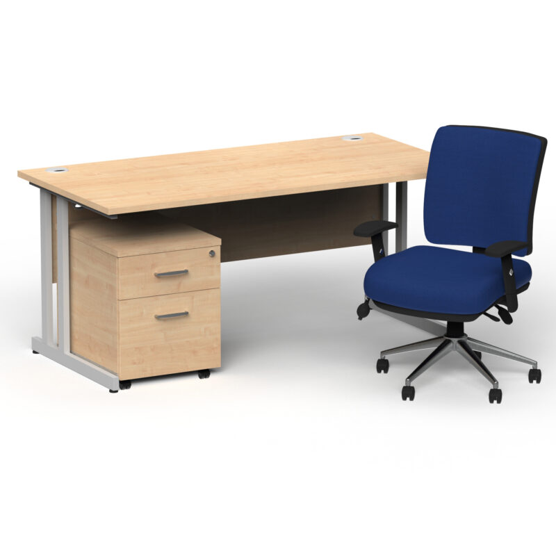 Impulse 1600mm Cantilever Straight Desk With Mobile Pedestal and Chiro Medium Back Blue Operator Chair - Image 3