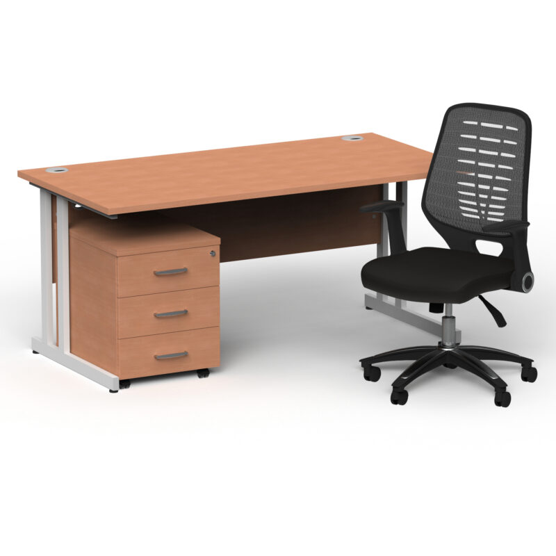 Impulse 1600mm Cantilever Straight Desk With Mobile Pedestal and Relay Silver Back Operator Chair - Image 37