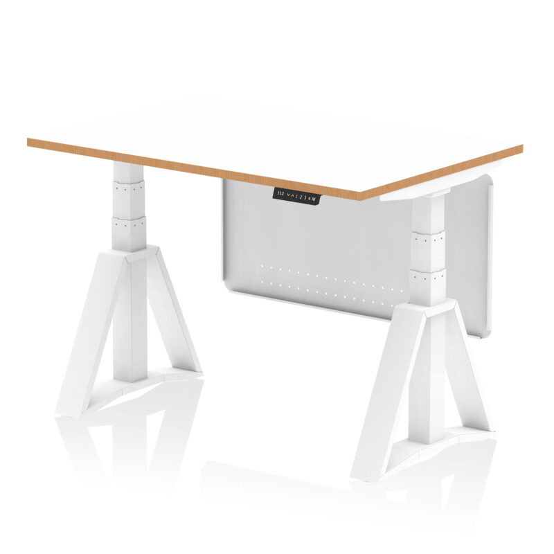 Oslo Air Height Adjustable Desk White Top Natural Wood Edge White Frame with White Steel Modesty Panel - Image 4