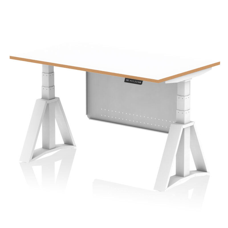 Oslo Air Height Adjustable Desk White Top Natural Wood Edge White Frame with White Steel Modesty Panel - Image 5