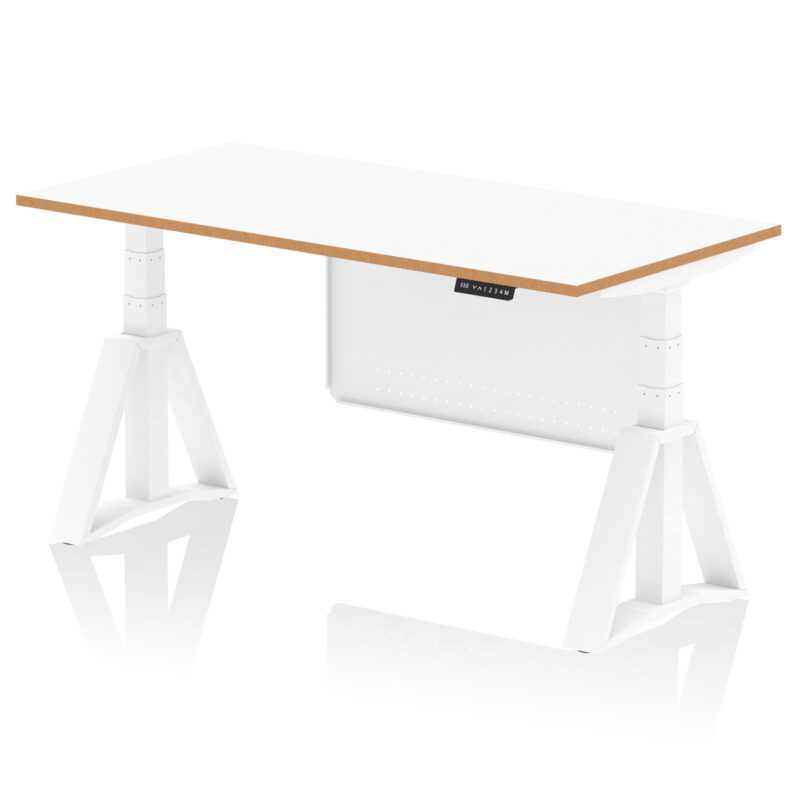 Oslo Air Height Adjustable Desk White Top Natural Wood Edge White Frame with White Steel Modesty Panel - Image 6